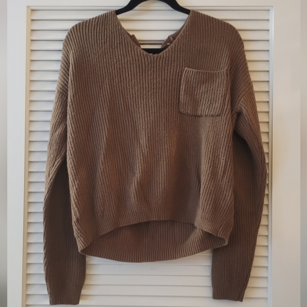I Love It- Brown Knitted Pullover Sweater Long-Sleeve Top With Lace-Up Back